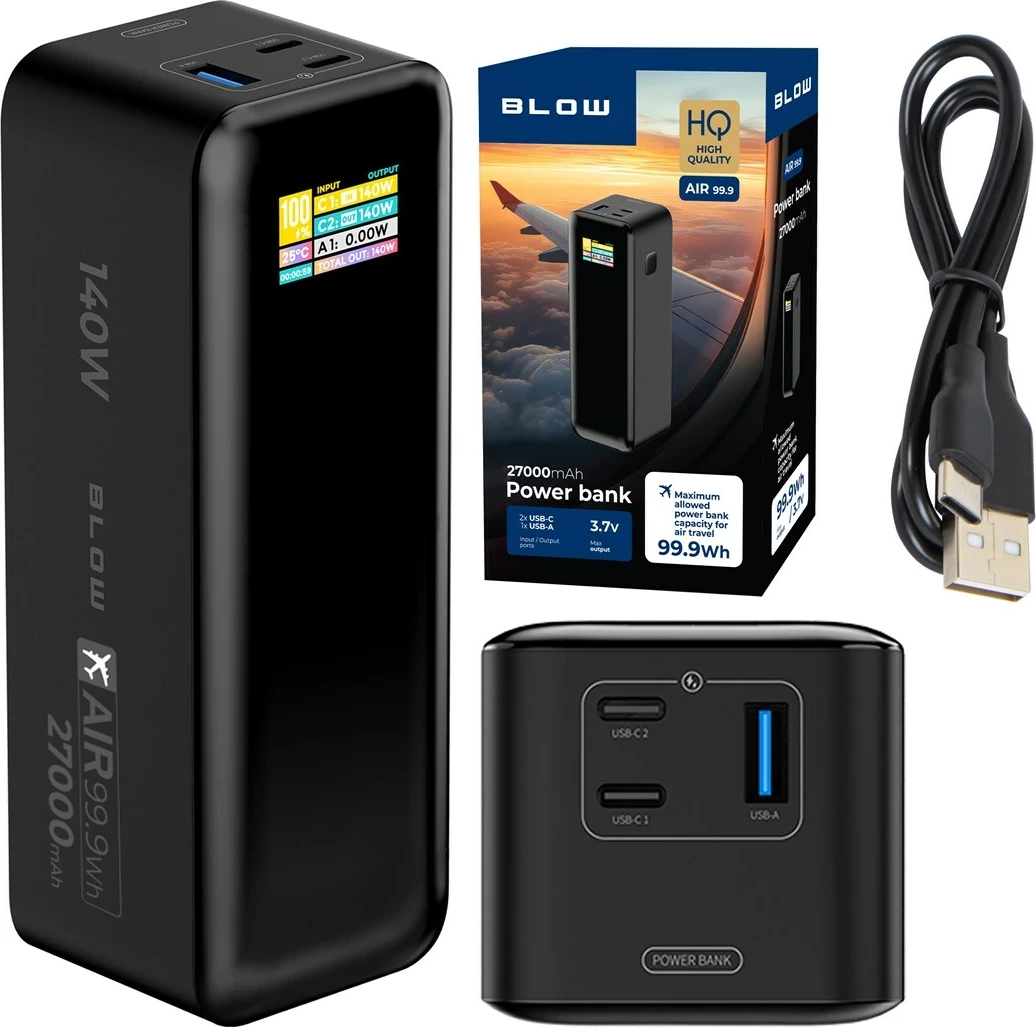 Power bank BLOW AIR99.9, 27000mAh, 140W, LCD, i zi