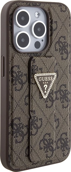 Mbështjellës Guess Grip Stand 4G Triangle Strass për iPhone 15 Pro, kafe