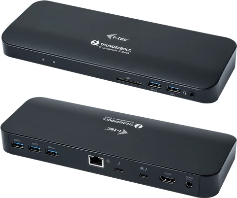 i-tec 2x Thunderbolt 3 5K Docking 60 W PSU (1 x Ethernet, 1 x HDMI, 1 x miniJack 3.5mm (microphone and headphones), 2 x Thunderbolt 3, 5 x USB 3.0, SD card reader)