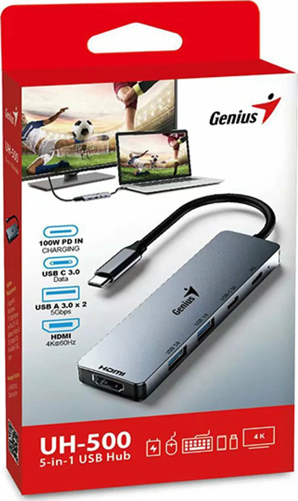 Hub USB-C Genius UH-500, 5 porta (HDMI 4K, 2x USB 3.0, 2x USB-C, PD 100W), gri