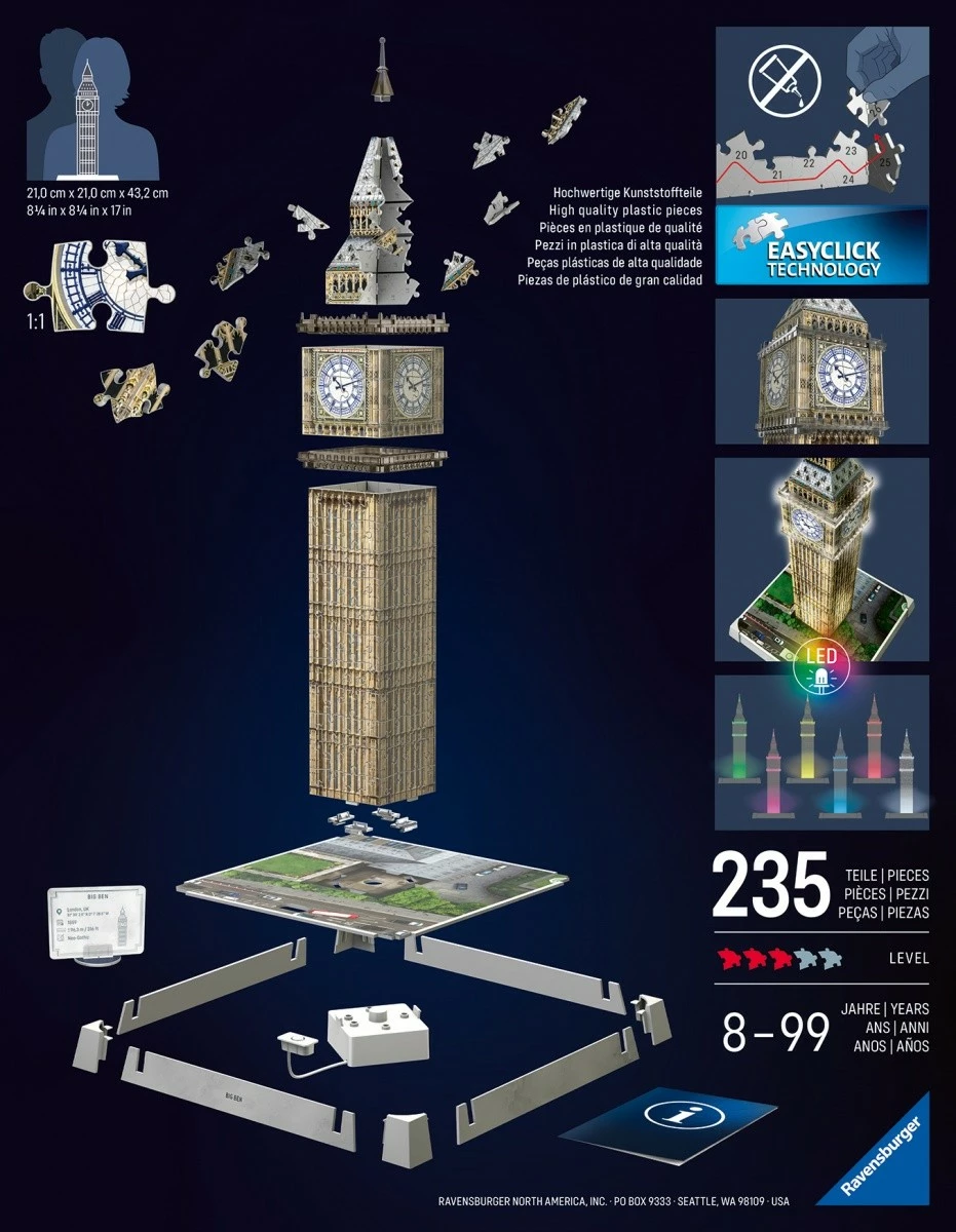 Puzzle 3D Ravensburger Big Ben, 235 pjesë, plastikë, me LED