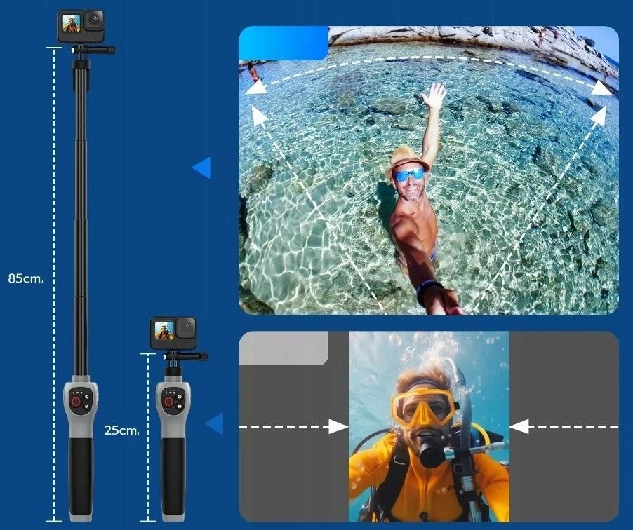 Selfie stick Telesin GP-WBT-001, waterproof IP68 30m, 25-85cm, me telekomandë, për GoPro HERO 13/12/11/10/9/MAX, zi/argjend
