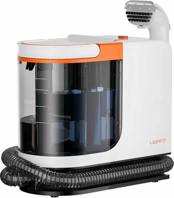 Pastrues i thellë me ujë të nxehtë për qilima dhe tapiceri Uwant B300 Pro 18000 Pa 600 W depo 1.2/1.4 L, me aksesorë + pastrues tekstili 500 ml, bardhë/portokalli