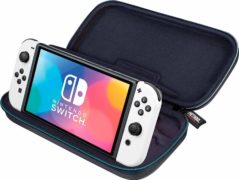 Torbicë udhëtimi e fortë për Nintendo Switch Nacon/Bigben Deluxe Travel Case Metroid Dread, kompatibile Switch/OLED/Lite, me mbajtëse kartele & microSD, kuqe/zezë, set 4 copë