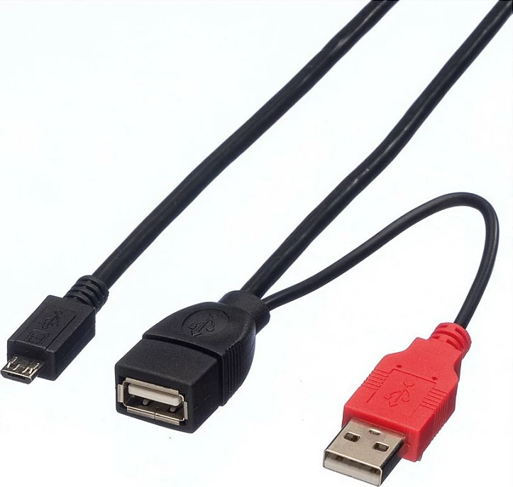 Kabllo USB ROLINE USB 2.0 Y, 2x USB-A (mashkull + femër) në Micro-USB B, 1 m, e zezë