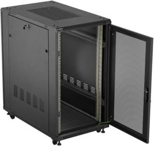 Kabinet rack qëndrimor 19" Lanberg FF01-6022-23B 22U, ngarkesë 800 kg, derë e perforuar, panel me 6 ventilatorë, Flat Pack, e zezë