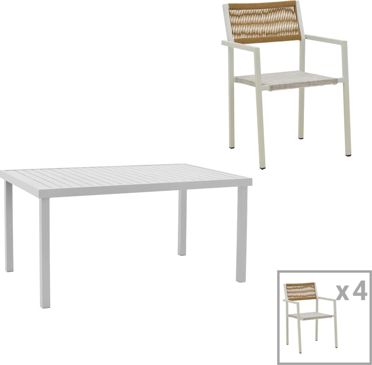 Tavolinë me karrige Kliton - Savor set prej 5 copash alumini, ngjyrë e bardhë, 150x80x74cm