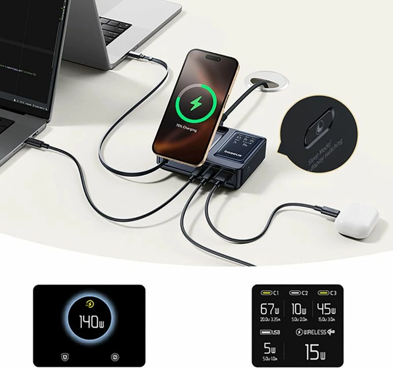 Stacion karikimi 5-në-1 Baseus NOMOS 140W Qi2, i zi