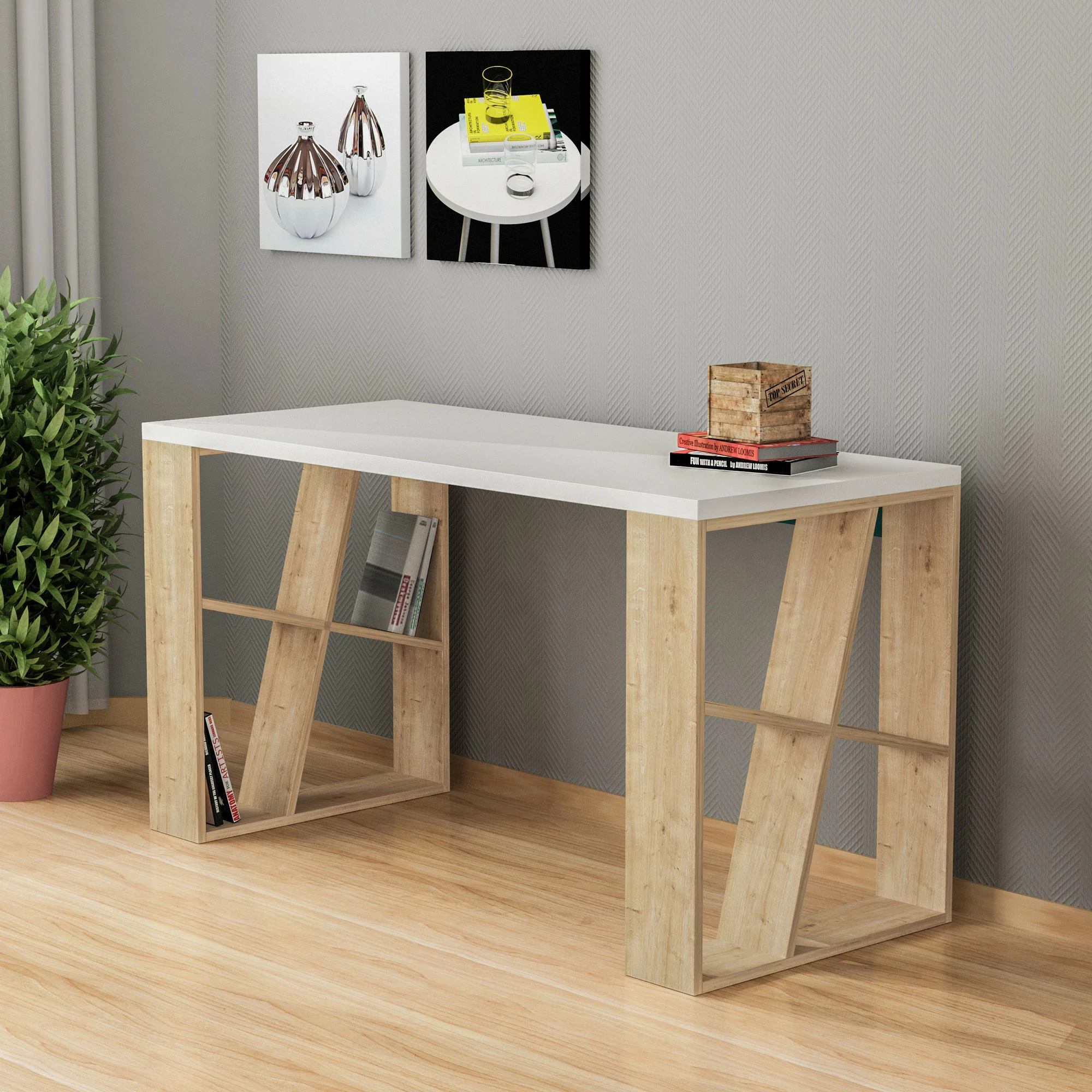 Tavolinë pune për studim, ngjyrë e bardhë dhe lis, Skye Decor