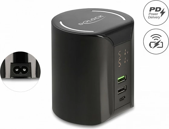 Karikues DeLOCK USB-C PD + 2x USB-A, 58W, karikim pa kabllo 10W, i zi