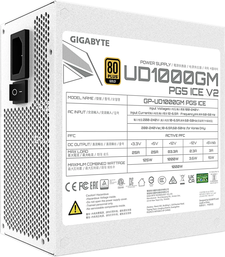 Furnizues energjie (PSU) GIGABYTE UD1000GM PG5 V2 ICE 1000W 80 Plus Gold ATX 3.1 fully modular, bardhë