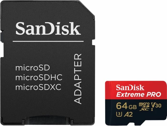 Kartelë memorje microSDXC SanDisk Extreme PRO 64GB, deri 200MB/s leximi & 90MB/s shkrimi, A2 C10 V30 UHS-I U3, me SD adapter, kuqe/zezë