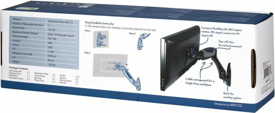 Mbajtëse muri për monitor Arctic W1-3D AEMNT00032A deri 32", VESA 75x75/100x100, 8 kg, me sustë gazi, e zezë