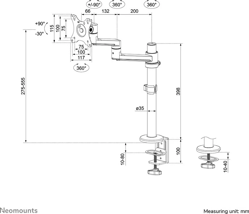 Krah monitori Neomounts DS60-425BL1, 17-27 inç, kapëse/gromet, 8 kg, e zezë