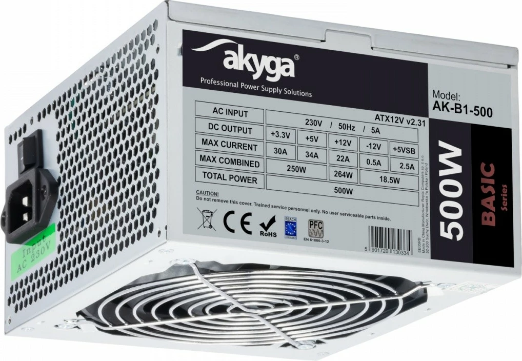 Kasë furnizimi AKYGA AK-B1-500, 500W, ATX, 3x SATA, 2x MOLEX, PCI-E 6+2 pin, 12cm fan