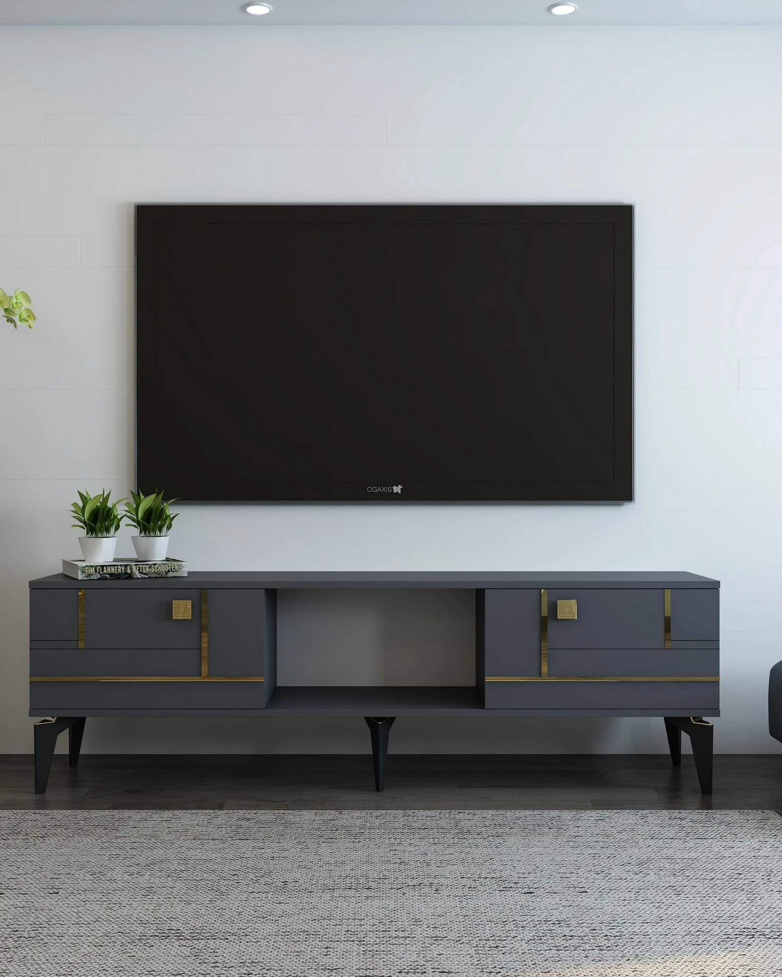 Komodë TV Skye Decor, ngjyrë antracit, detaje ari