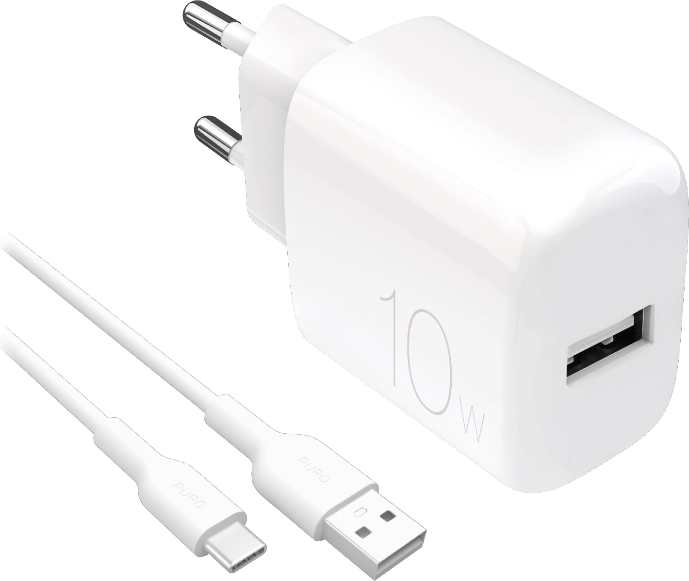 Karikues muri Puro PROLITE 10W me USB-A dhe kabllo USB-A në USB-C 1.2m, Bardhë