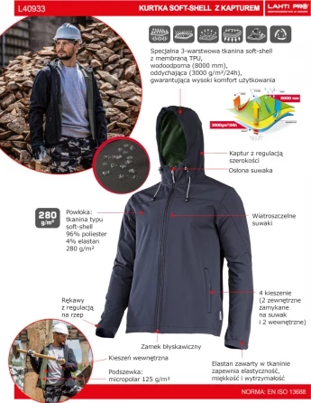 Xhaketë softshell me kapuç, LAHTI PRO L4093303, madhësia L, e zezë