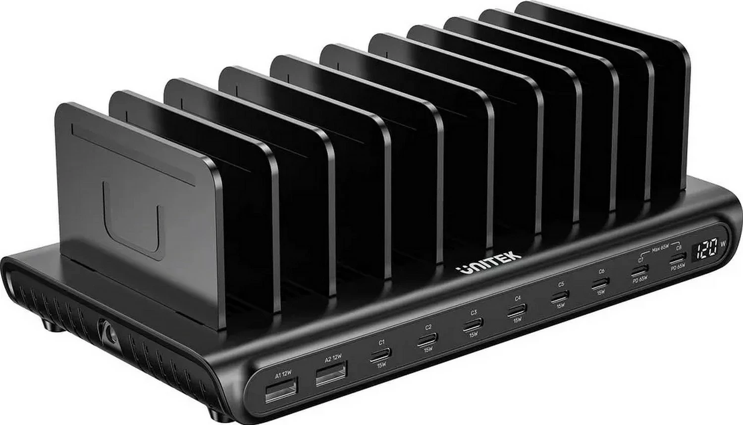 Stacion karikimi Unitek 10-portësh USB-A/USB-C, 120W, PD 3.0, i zi