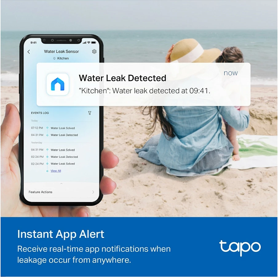 Sensor smart për rrjedhje uji TP-Link Tapo, alarm 90 dB, IP67, me bateri AAA, i bardhë