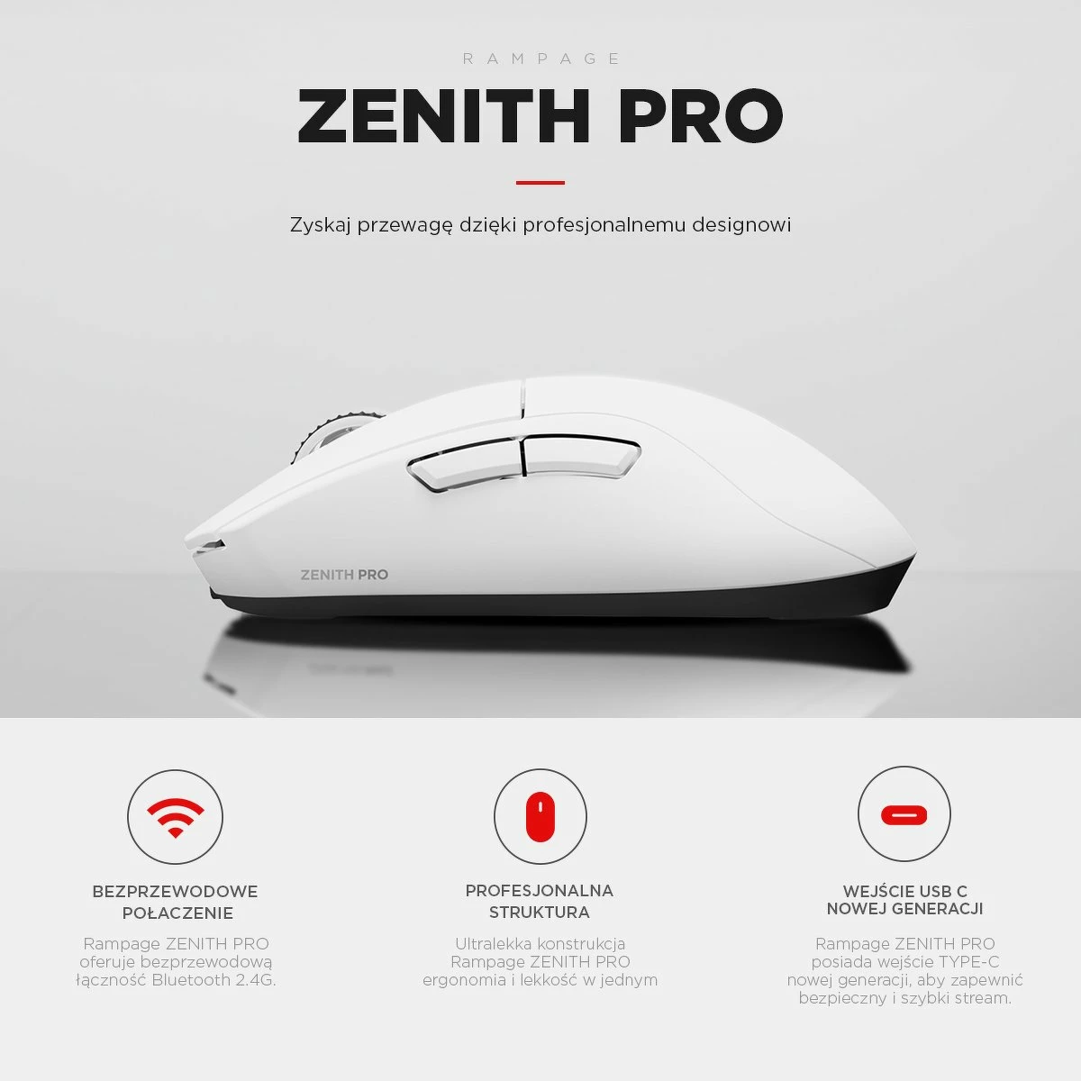 Maus gaming Rampage Zenith Pro (ZENITHPRO-WHITE) 26000 DPI PAW3395 4KHz BT 5.2/2.4G/USB-C, i bardhë, me receiver 4KHz