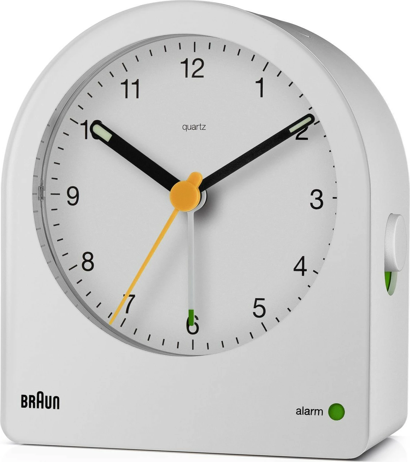 Orë alarmi Braun BC22, quartz, 12h, buzzer, bardhë/verdhe