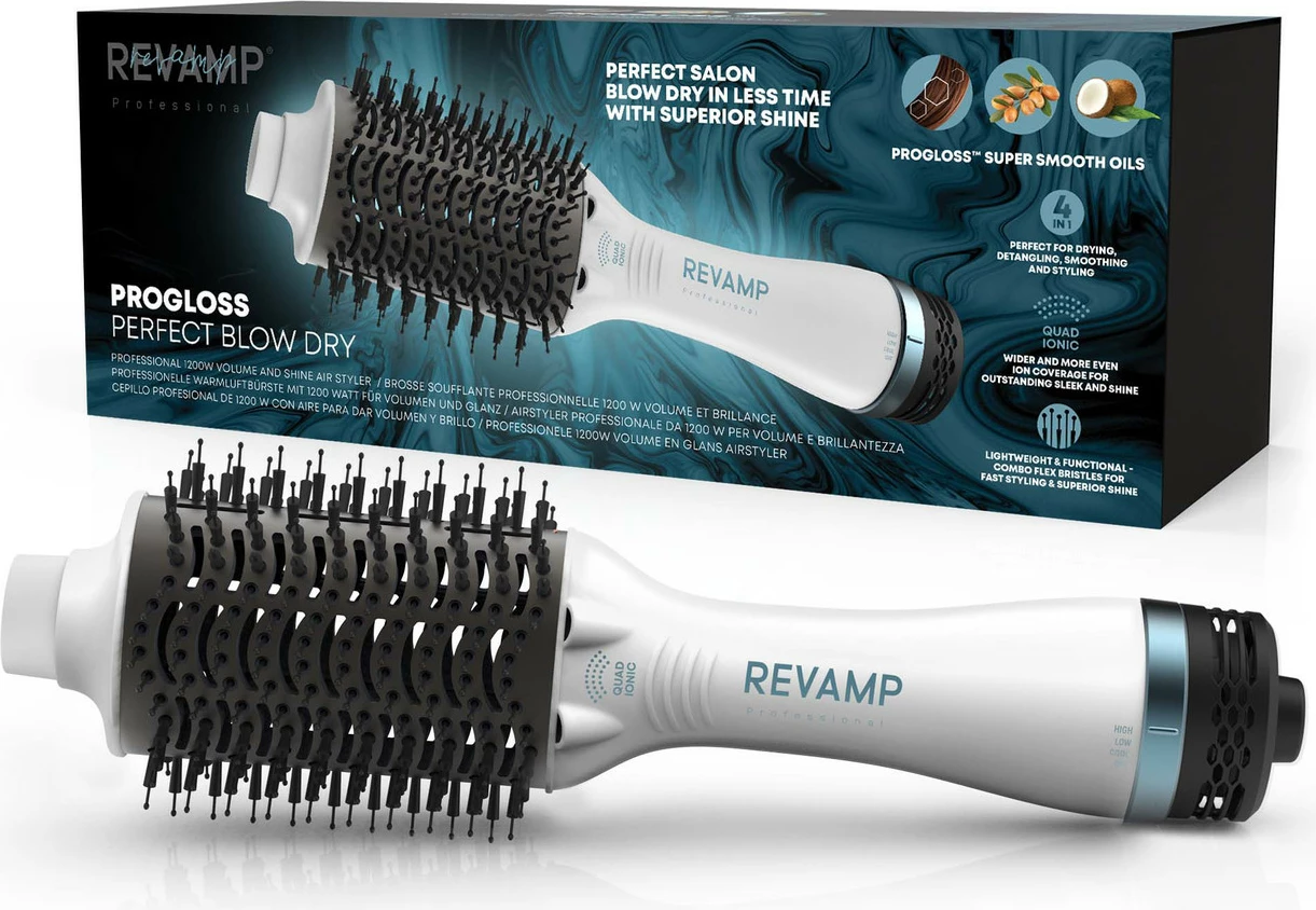 Furkë ajri për tharje dhe stilim flokësh Revamp Progloss Perfect Blow Dry DR-1850, 1200W, jonike, bardhë/zezë