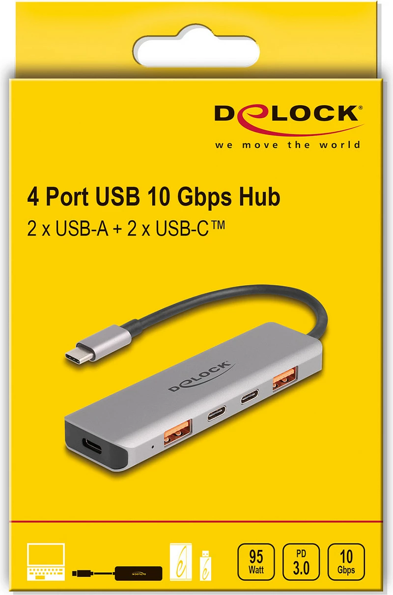 USB hub DeLOCK, 2x USB-A + 2x USB-C, 10 Gbps, PD 95W, gri