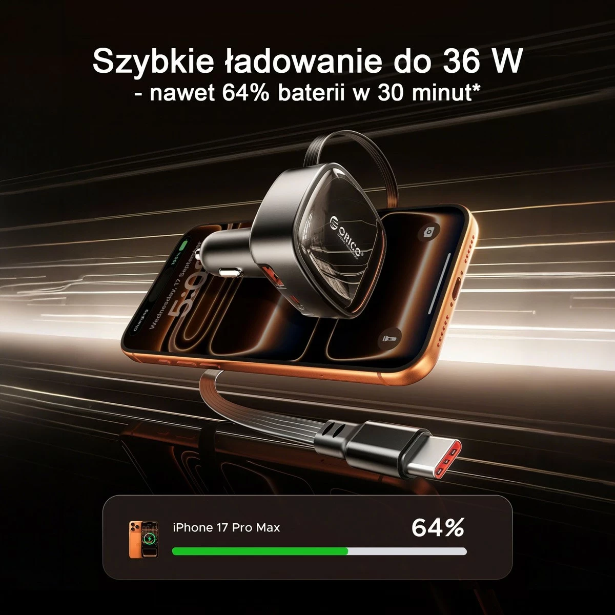 Karikues veture Orico 66W, PD, USB-C/USB-A, kabllo USB-C e tërheqshme, i zi