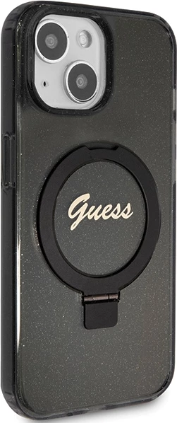 Mbështjellës Guess Ring Stand Script Glitter MagSafe për iPhone 15 Plus / 14 Plus, i zi