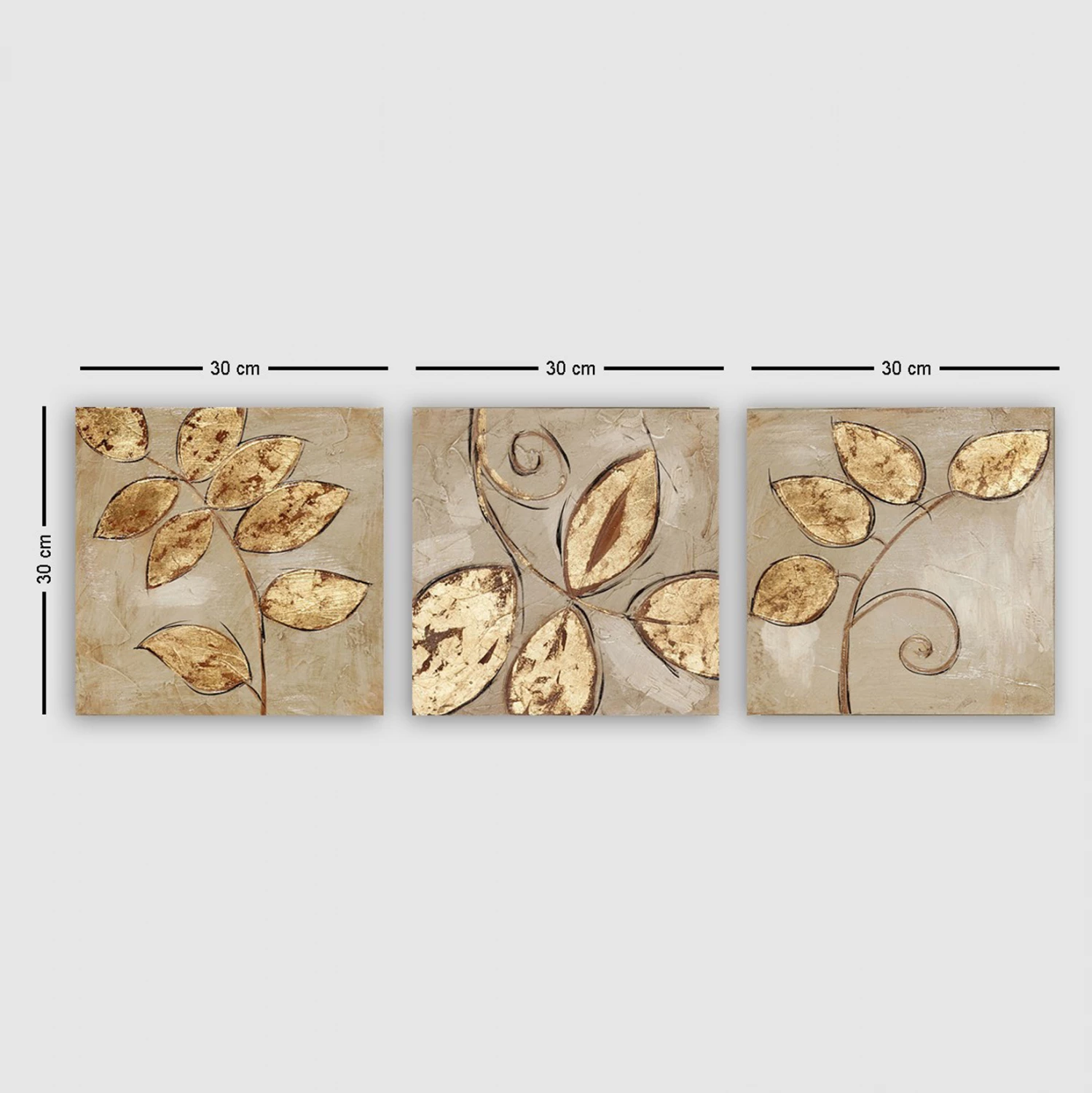 Pikturë triptik në kanavacë, gjethe të arta, FH7327, 90x3x30 cm