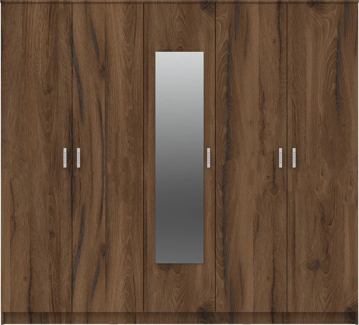 Dollap pesëdyersh me pasqyrë Luna, ngjyrë arre-lisi, 220x52x200cm