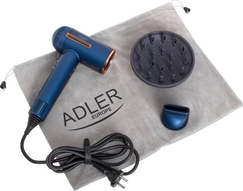 Tharëse flokësh, Adler, AD 2271 Superspeed, motor brushless 110,000 RPM, 1500W, 3 shpejtësi ajri, 6 temperatura, jonizim, ekran LED, me koncentrator magnetik, difuzor magnetik dhe çantë udhëtimi, blu
