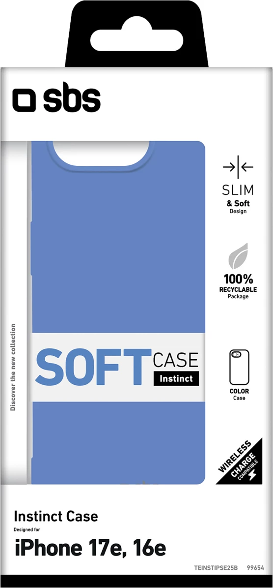 Mbështjellës SBS Instinct për iPhone 16e/17e, TPU me astar mikrofibre, 20 g, blu, në kuti