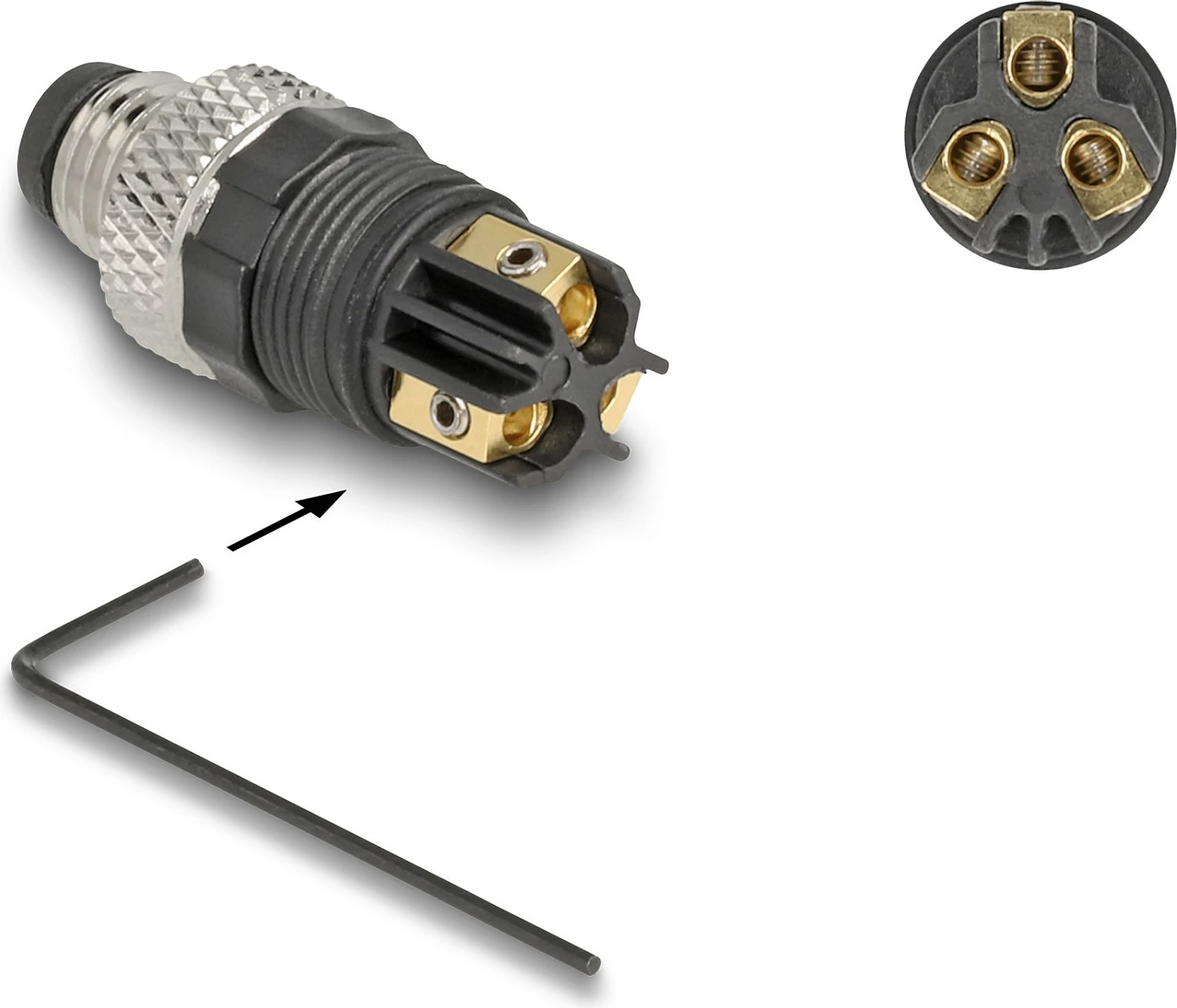 Konektor DeLOCK M8 A-coded 3-pin mashkull, lidhje me vida, IP67, i zi