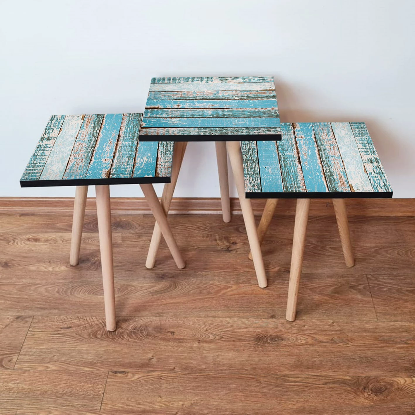 Set tavolinash ndihmëse, 3 copë, ngjyrë kaltër-bardhë, Skye Decor, 3Shp6