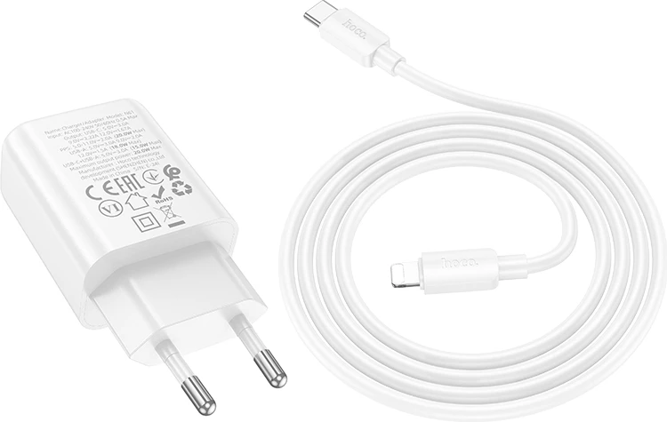 Karikues HOCO N61 GaN PD 20W, USB-A + USB-C, me kabllo Type-C to Lightning 1 m, i bardhë