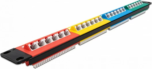 Patch Panel DeLOCK 19" 24-port Cat.5e 1U RJ-45/LSA, AWG 22-26, rack, multikolor Blu/Gjelbër/Kuqe/Verdhë