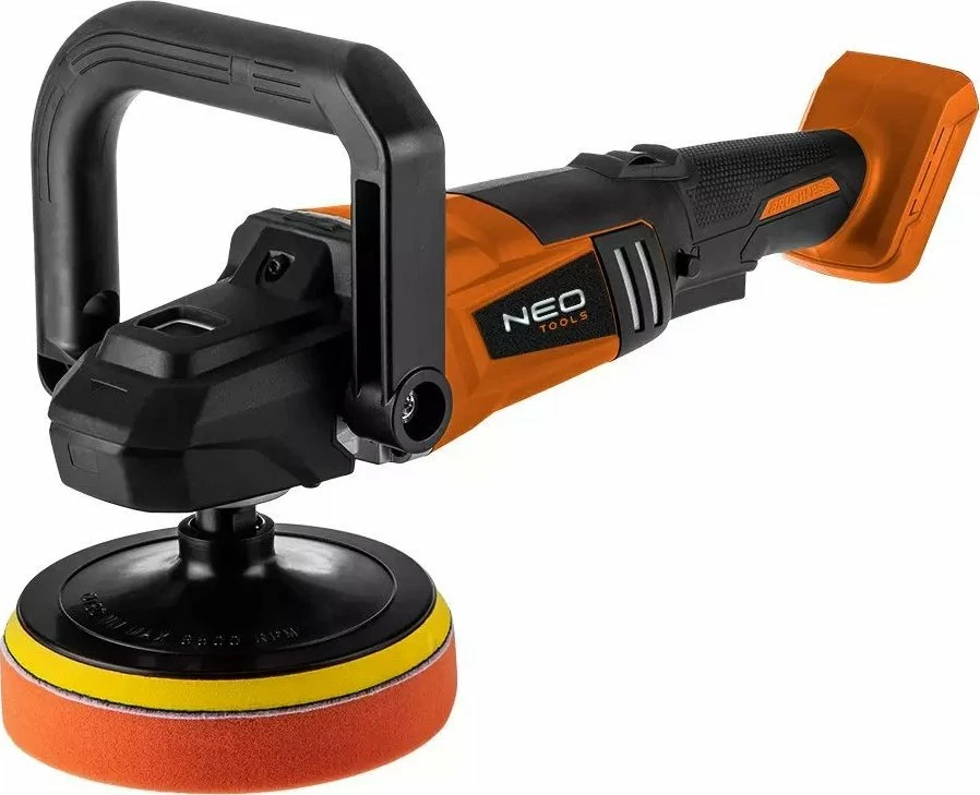 Polerka akumulatorike NEO Energy+ 18V 04-602, 150 mm, brushless, portokalli/zi, set me 3 jastëkë (pa bateri/karikues)