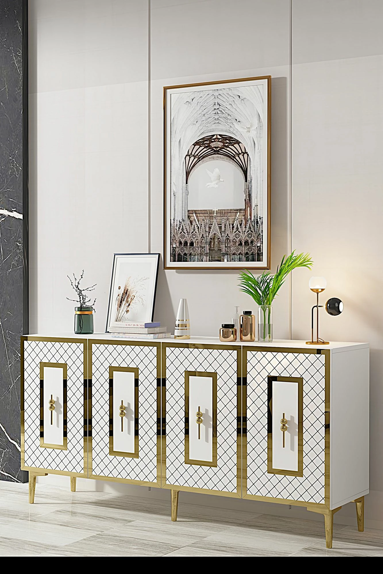 Konsolë Skye Decor, Puma 150, e bardhë dhe ari