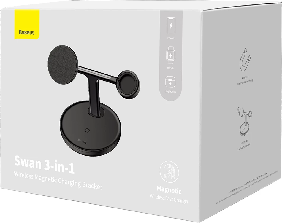 Karikues wireless 3-në-1 Baseus Swan me MagSafe, për iPhone, Apple Watch, AirPods, 1m USB-C, Zi