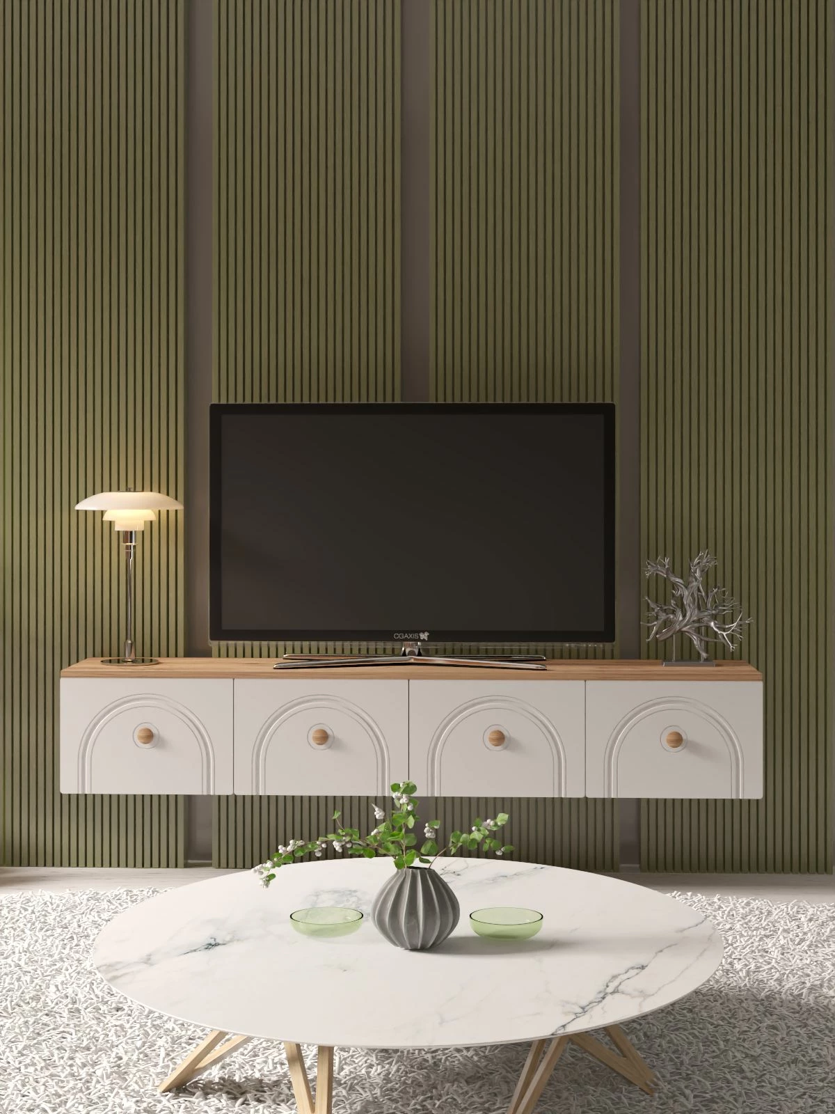 Komodë TV Skye Decor, Norvia 180, ngjyrë pishë Atlantike dhe e bardhë