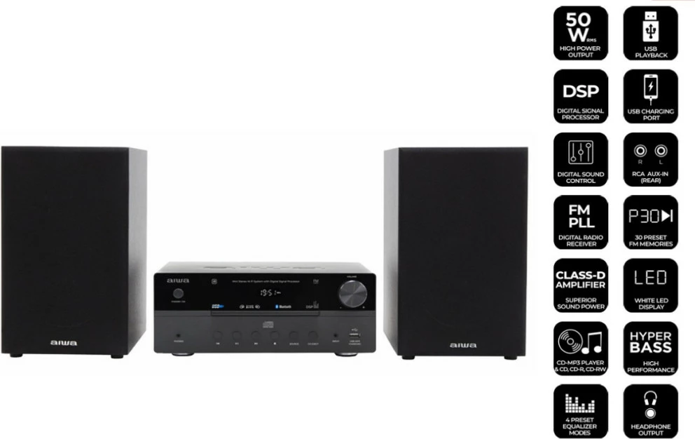 Sistem mini stereo Hi‑Fi Aiwa MSBTU-550 50W RMS me CD, Bluetooth 5.0, FM, USB, set me 2 altoparlantë, e zezë