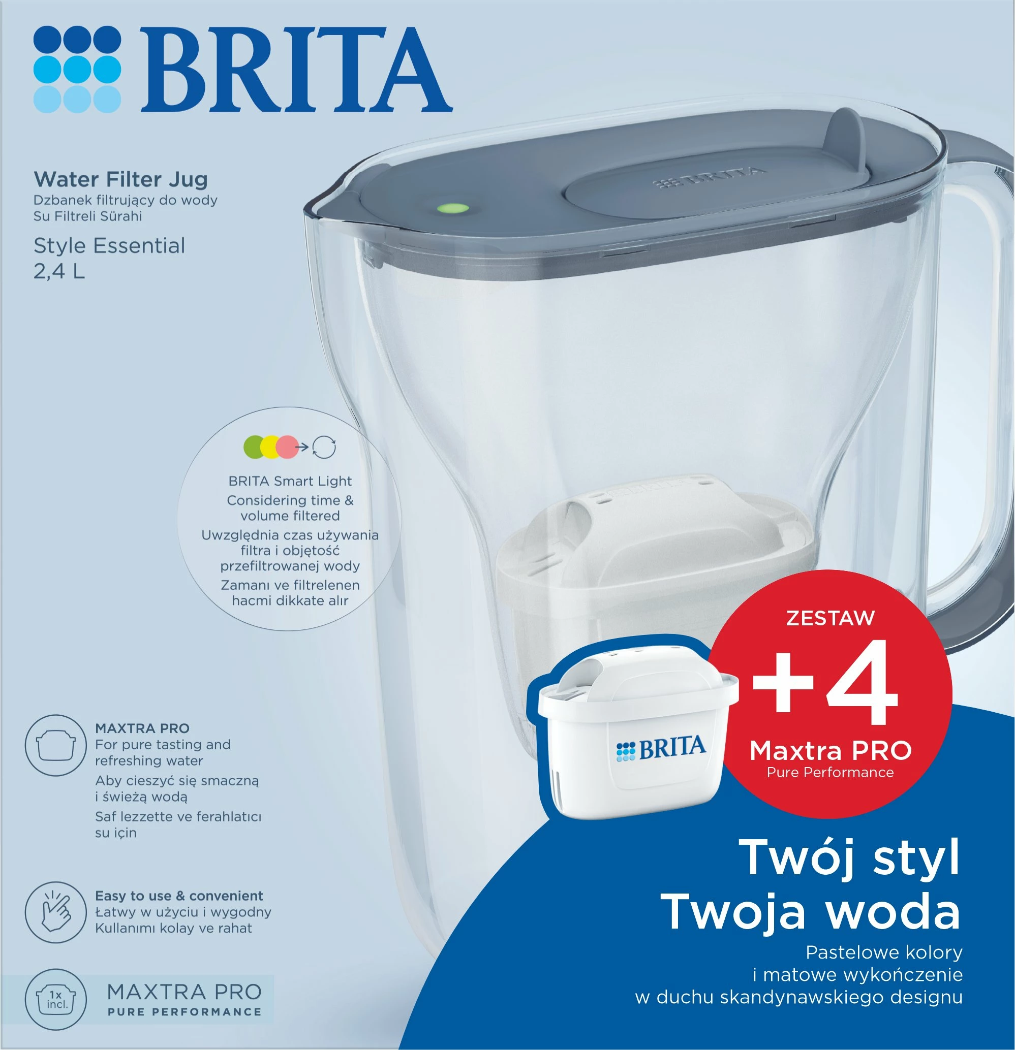 Bokall filtrues uji Brita Style Essential 2.4 L + 4 filtra MAXTRA PRO Pure Performance, Graphite