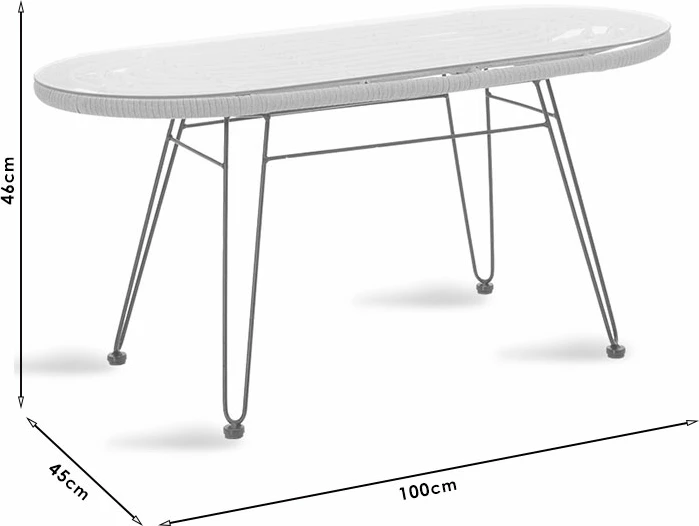 Tavolinë e ulët për kopsht, metal i zi, ratan PE natyral, xham i temperuar, 100x45x46cm