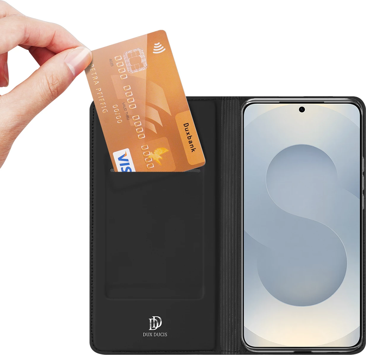 Mbështjellës Dux Ducis Skin Pro për Samsung Galaxy S26 Plus, me kuletë dhe mbajtëse, PU/TPU, i zi