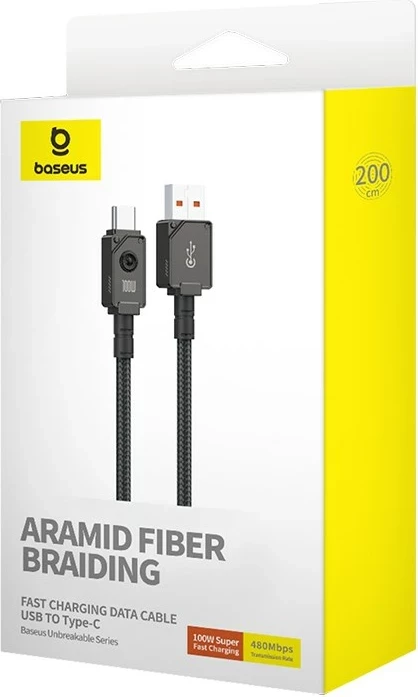 Kabllo USB Baseus Unbreakable, USB A në USB C, 2 m, 100 W, E zezë