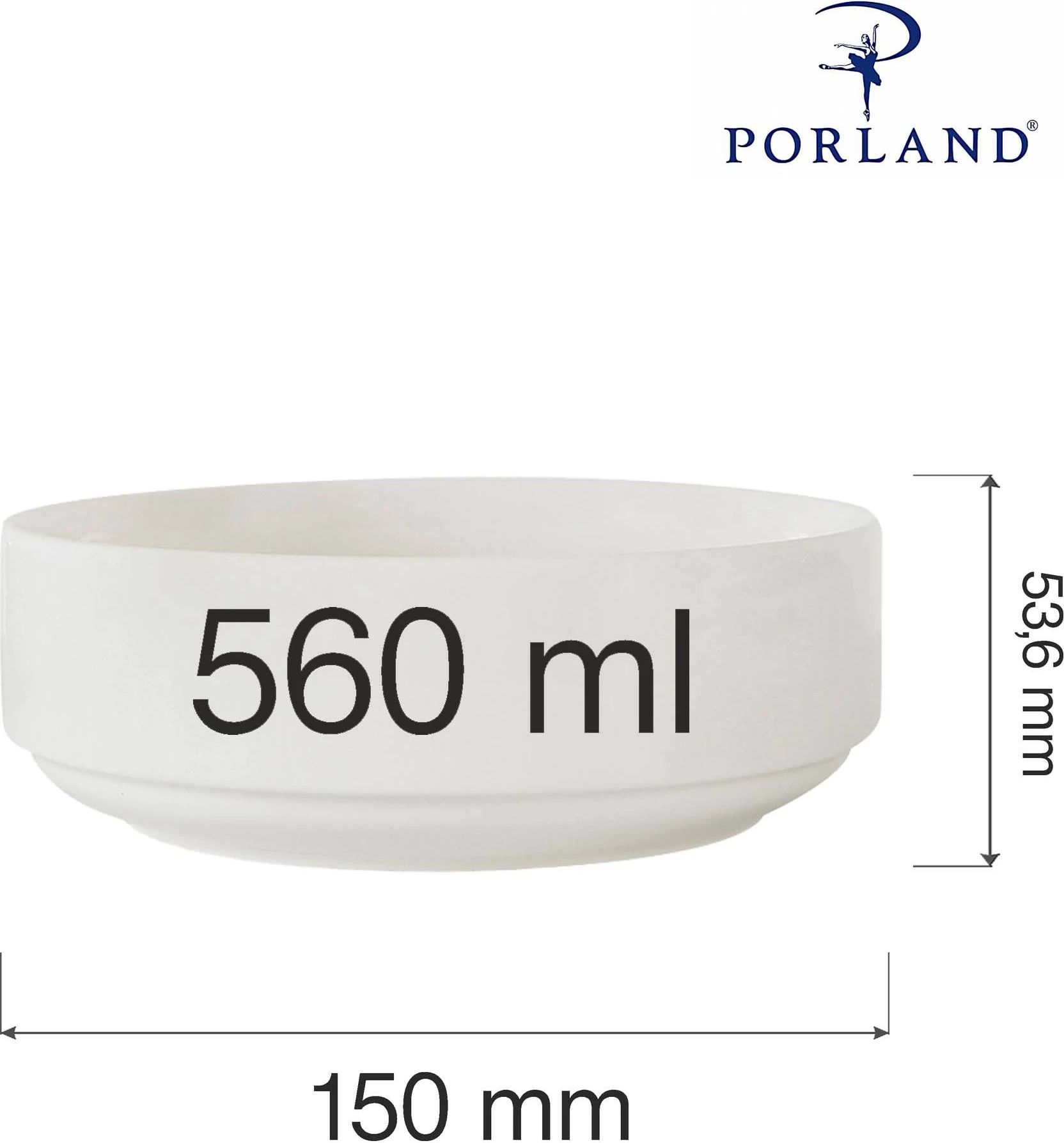 Tas porcelani Porland Dove, 150 mm, 560 ml, ngjyrë krem, set 6 copë