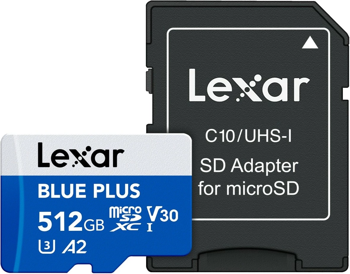 Kartë memorje microSD, Lexar, Blue Plus (LMSBLPL512G-BNANG), 512GB, UHS-I C10 A2 U3 V30, 170MB/s, me adapter SD, blu