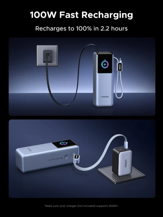 Power bank UGREEN 75702B 25,000mAh 200W me ekran digjital, gri